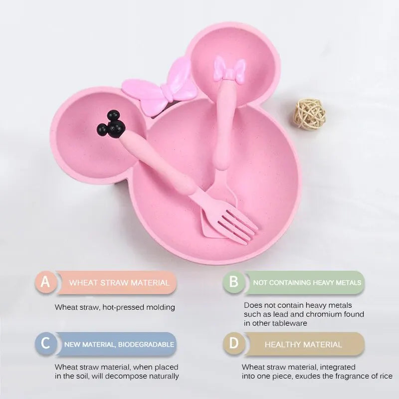 Maxime 3Pcs/set Cartoon Baby Bowl Tableware Set Wheat Straw Children's Dishes Kids Dinner Feeding Plate Bowknot Food Plate Spoon Fork