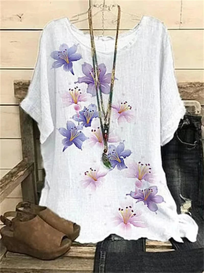 Women T-Shirt O-Neck Casual Short Sleeve Flowers - MAXIME