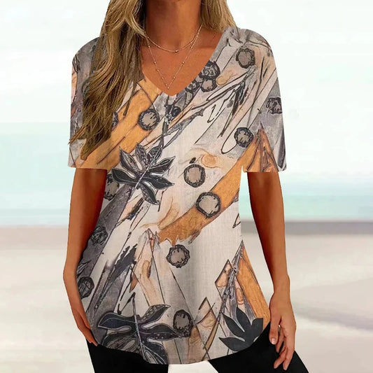 New Floral Summer V-neck Ladies Loose Short Sleeve Tops Female Casual Blouse