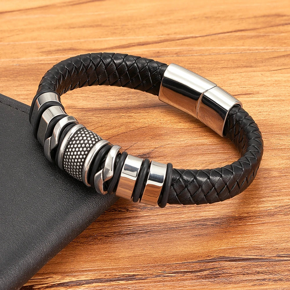 Leather Bracelets for Men Classic Style Stainless Steel Bangle Couple Charm Jewelry Gifts