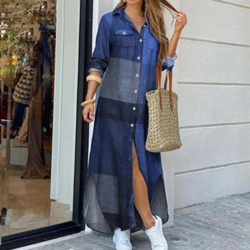 Women Long Sleeve Shirt Dress Spring Single Breasted Button Party Female Maxi - MAXIME