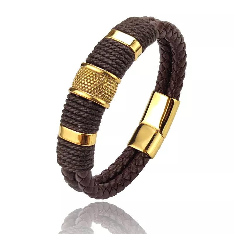 Leather Men Bracelet Stone Bead Bracelet Stainless Steel Jewelry Male Wrist Bangle Gift - MAXIME