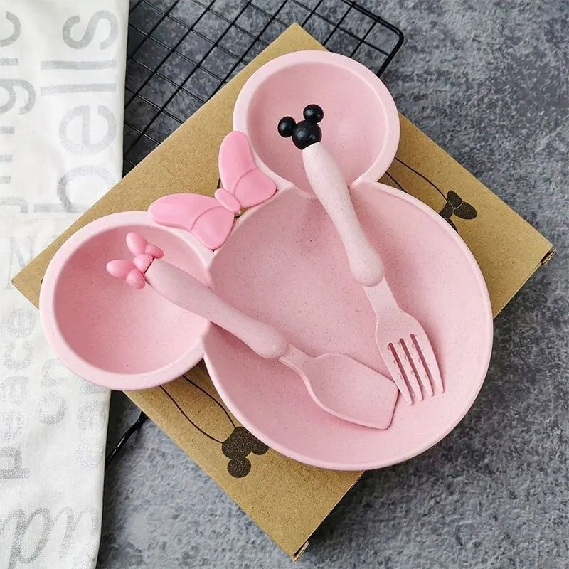 Maxime 3Pcs/set Cartoon Baby Bowl Tableware Set Wheat Straw Children's Dishes Kids Dinner Feeding Plate Bowknot Food Plate Spoon Fork
