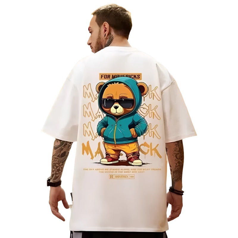 Men's Cotton Bear Pattern Printed T-Shirt with Round Neck