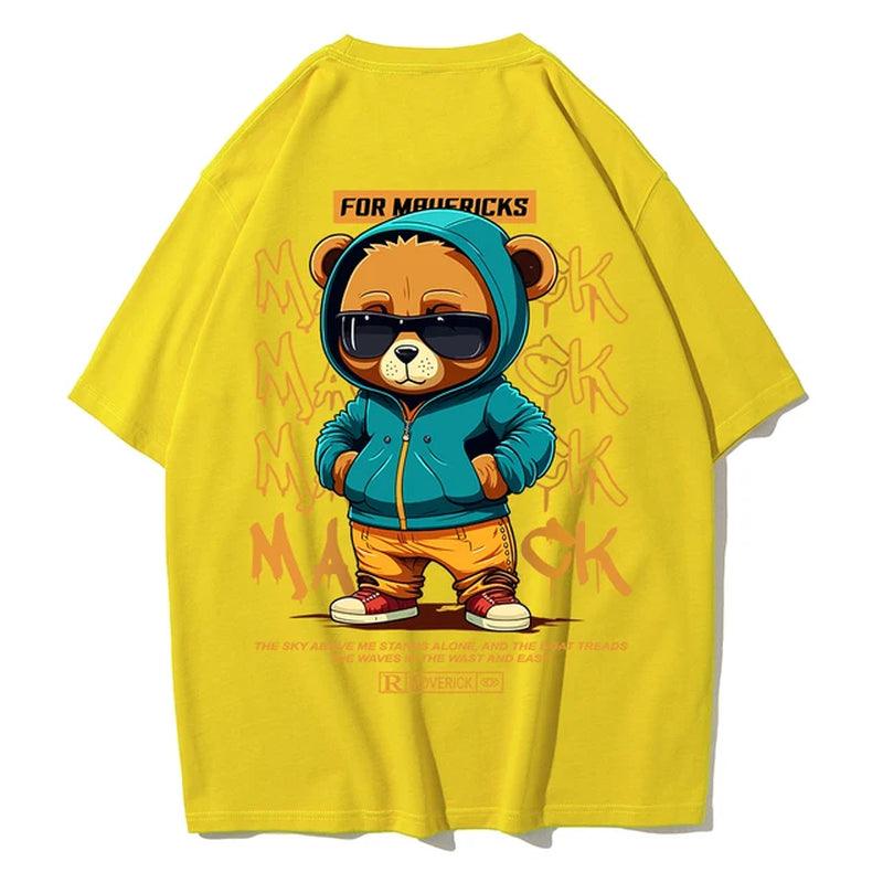 Men's Cotton Bear Pattern Printed T-Shirt with Round Neck