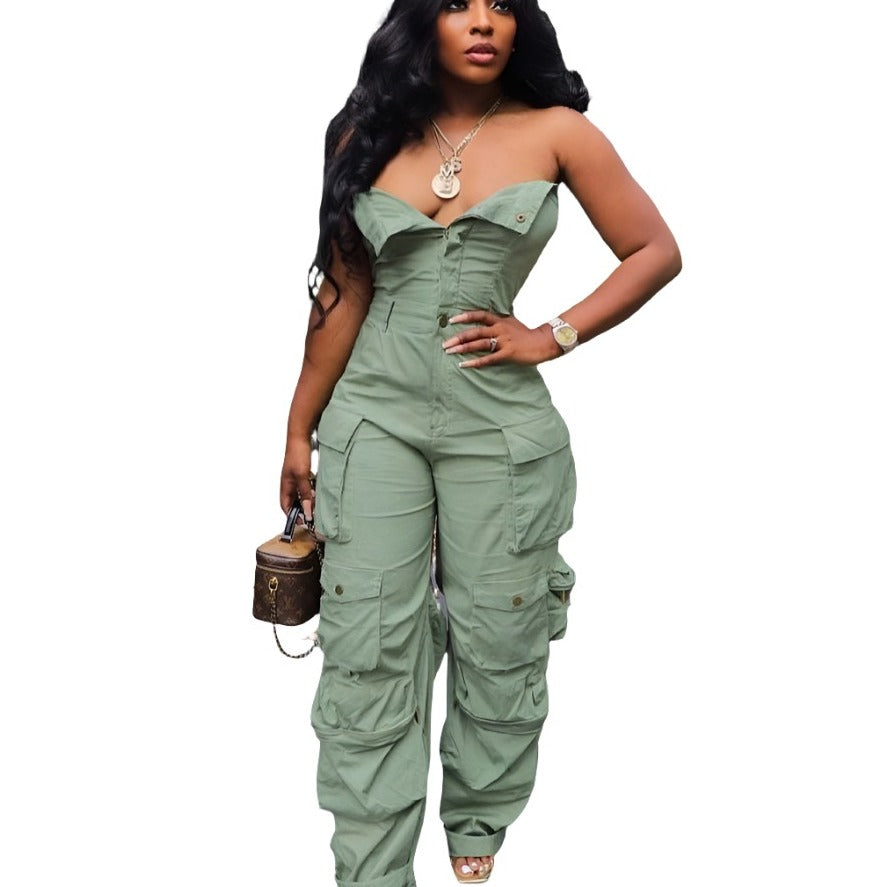 Single-Breasted Multi-Pocket Workwear Jumpsuit