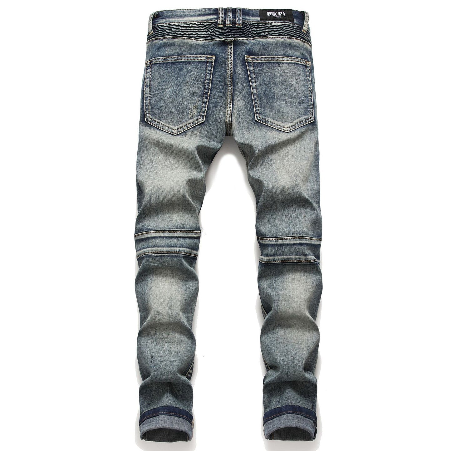 Retro Crumpled Hole Patch Elastic Straight Skinny Jeans