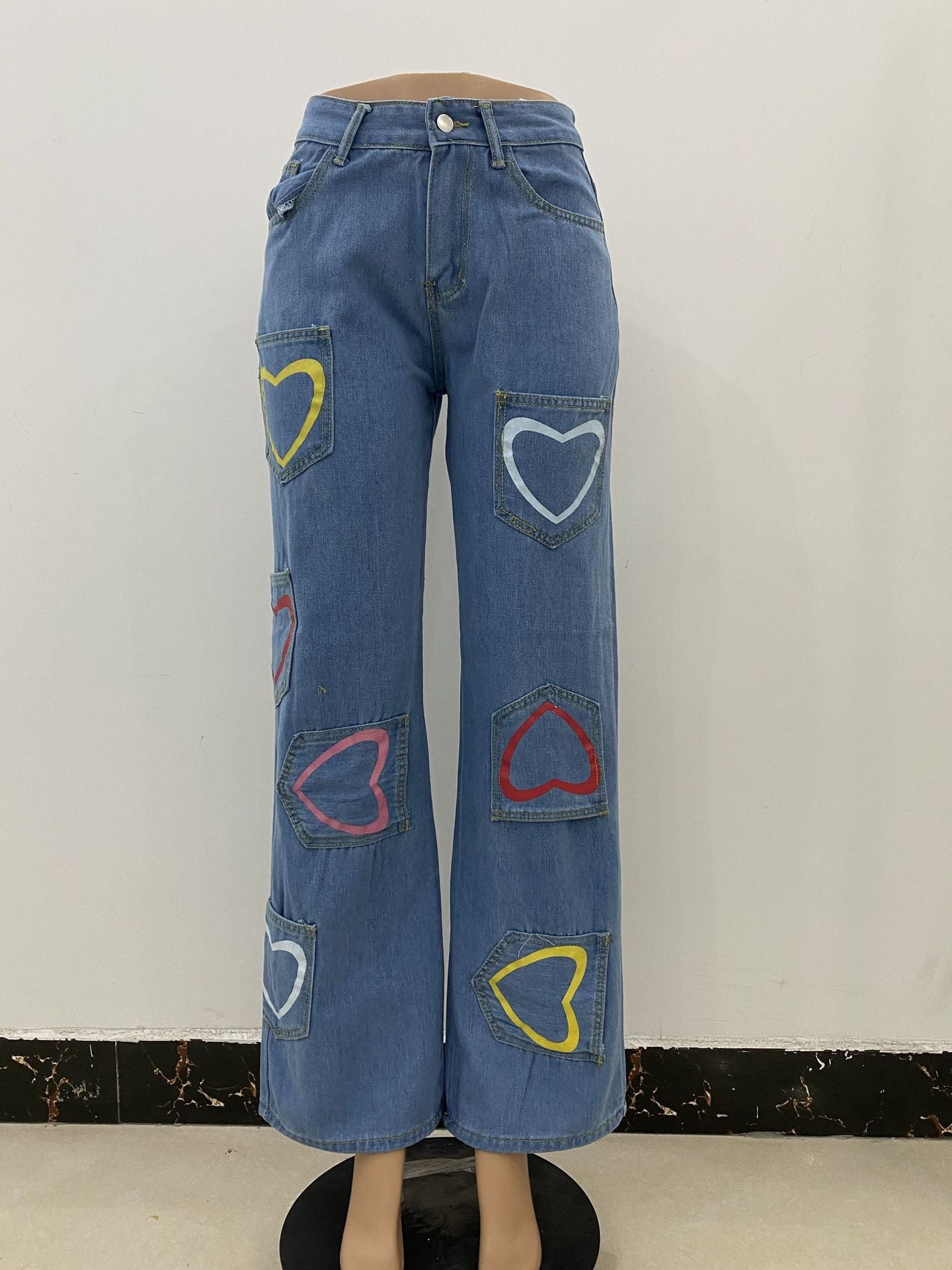Multi-pocket Colorful Heart Print Jeans