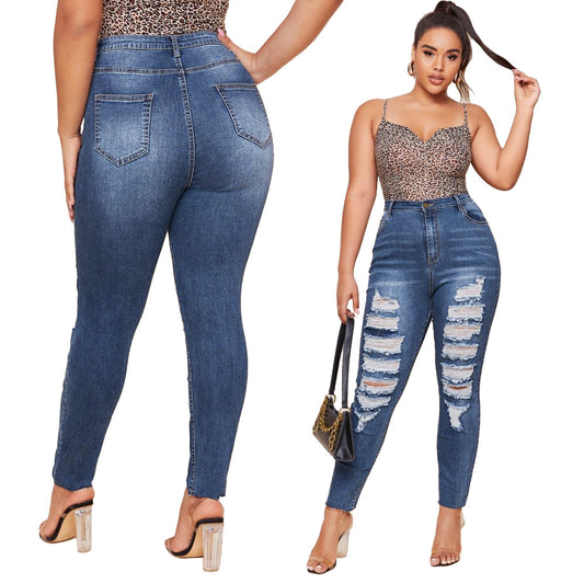 Washed Ripped Fat MM Slim Plus Size Pencil Pants